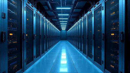 Poster - Explore a futuristic server room with rows of data servers, illuminated by neon blue lights, showcasing technology infrastructure and data storage in a modern, high-tech environment for IT solutions.