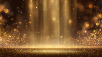 Poster - Elegant gold stage backdrop design decorated with glow and bokeh effect, background idea for awards ceremony and luxury style product promotion or marketing. Stock Vector