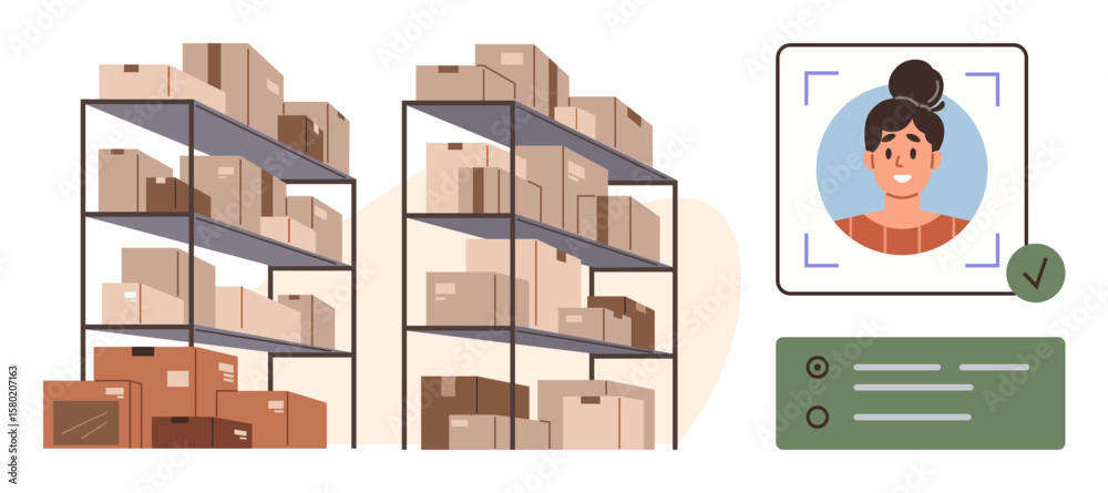 Tall storage racks filled with boxes beside a digital profile display ...