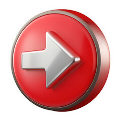 Poster - Glossy red circular button with a metallic silver right arrow icon isolated on transparent background