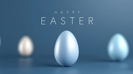 Aufkleber - Animation. Colorful Easter eggs in soft pastel shades arranged artistically on a smooth surface, with a serene blue background and festive text, creating a joyful holiday atmosphere