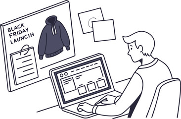 Fototapete - Young man working on a laptop promoting a black friday launch of a new hoodie with a presentation screen displaying product details and graphics