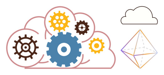 Cloud formation with interlocking gears symbolizing teamwork and technology, paired with a geometric shape. Ideal for innovation, networking, optimization, collaboration, integration, systems, simple