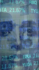 Poster - Animation of financial data over caucasian woman face and businesspeople in office