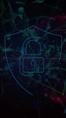 Poster - Security padlock shield icon over network of connections against black background