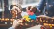 © Izdihaar - Diverse hands collaboratively assembling colorful puzzle pieces, symbolizing teamwork and problem-solving in a modern setting.