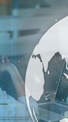 Poster - Animation of data processing and globe over woman using laptop
