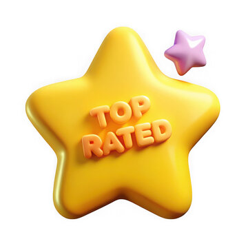 Shiny yellow star with top rated text and small pink star isolated on transparent background
