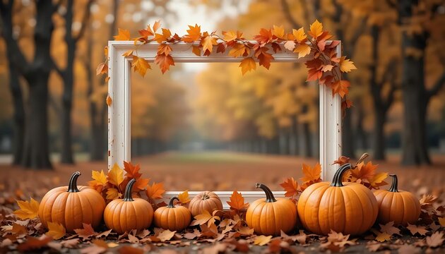 Thanksgiving day autumn festive card with pumpkins, fall autumnal leaves and white photo frame on background of blurred dried leaves, empty place for your text. flatlay	