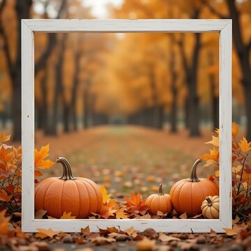 Thanksgiving day autumn festive card with pumpkins, fall autumnal leaves and white photo frame on background of blurred dried leaves, empty place for your text. flatlay	