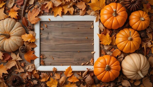 Thanksgiving day autumn festive card with pumpkins, fall autumnal leaves and white photo frame on background of blurred dried leaves, empty place for your text. flatlay
