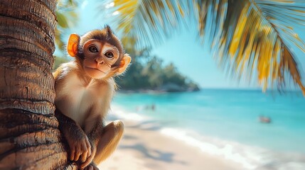 Wall Mural - playful monkey overlooking tropical beach and shimmering sea