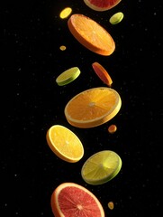 Poster - Floating Fruit Slices in Zero Gravity Create a Colorful Display Against a Dark Backdrop, Emphasizing Their Vibrant Hues and Shapes Beautifully