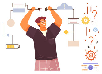 Person aligning disconnected wires amidst diagram elements thumbs up gears, battery, and question marks. Ideal for innovation, technology, problem-solving, power, creativity, teamwork brainstorming