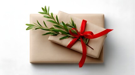 Poster - Christmas gift flat lay with natural wrapping, pine and red ribbon