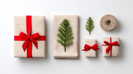 Poster - Christmas gift flat lay with natural wrapping, pine and red ribbon