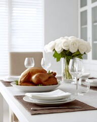 Poster - Thanksgiving dinner table with roasted turkey centerpiece