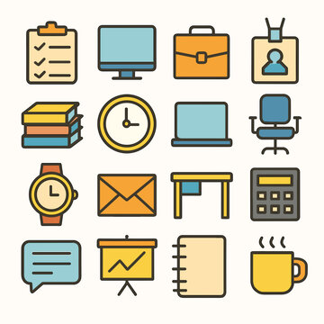 Office and Business Icon Set: Clipboard, Computer, Briefcase, ID Badge, Books, Clock, Laptop, and More - Vector Illustration