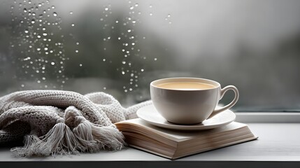 Poster - rainy season cozy setup with blanket, tea, and book