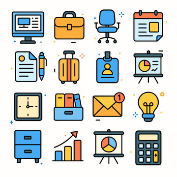Comprehensive Office and Business Icon Set: Computer, Briefcase, Chair, Calendar, Documents, and More. Generated image