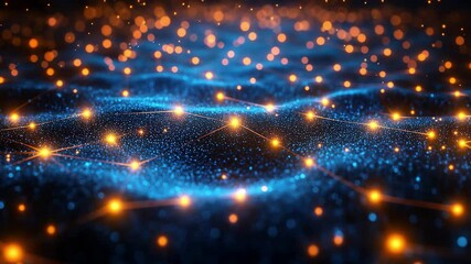 Poster - Vivid blue and orange digital network with glowing particles creating a cosmic landscape at night