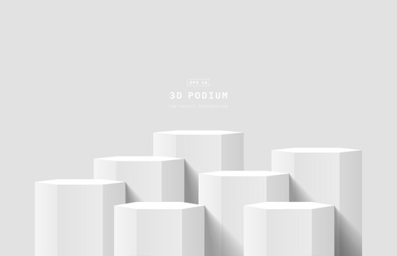 Abstract white 3d background in bright studio room. Seven realistic 3D hexagon podium pedestal. 3D stage for show product. Minimal wall scene for product mockup. 3D vector geometric platform.