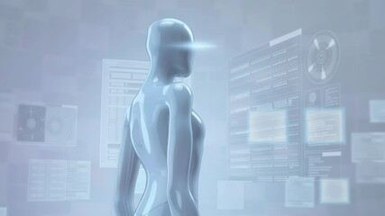 Poster - Animation. Futuristic humanoid figure in a digital environment, illuminated by soft light, showcasing advanced technology and data visualization, representing innovation and artificial intelligence co
