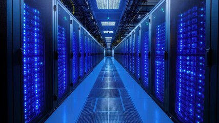 Poster - Advanced data center filled with servers displaying blue lights and a long corridor illuminated by overhead panels