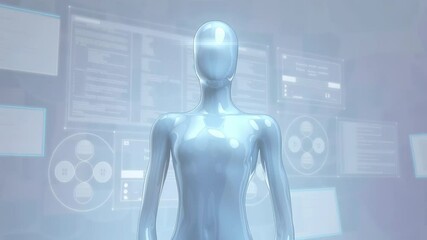 Poster - Animation. Futuristic humanoid figure with a glossy surface stands in a high-tech environment, illuminated by soft light, showcasing advanced technology and digital interfaces