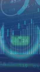Poster - Animation of statistical data processing over glowing battery button icon against blue background