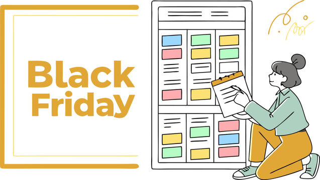 Illustration of a woman planning black friday deals on a website layout with black friday text box design