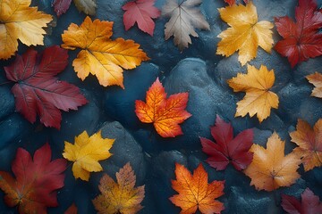 Wall Mural - Colorful Autumn Leaves on a Smooth Stone Surface - Seasonal Nature Background