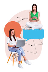 Fototapete - 3d creative artwork template collage of ladies chatting instagram twitter telegram facebook isolated painting background