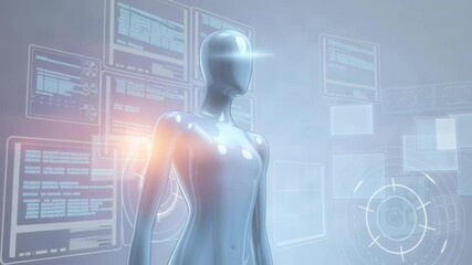 Poster - Animation. Futuristic humanoid figure stands in a high-tech environment, illuminated by soft light, surrounded by digital interfaces and holographic displays, representing advanced technology and inno