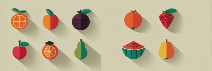 Poster - Collection of Flat Design Fruit Icons in Vibrant Colors on a Neutral Background Featuring a Clean Layout for Decorative Purposes