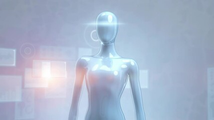 Poster - Animation. Futuristic humanoid robot with sleek design and glowing elements, standing in a digital environment, showcasing advanced technology and innovation in artificial intelligence
