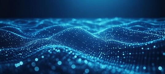 Poster - Digital Network Connection Landscape Featuring Abstract Waves of Scattered Dots and Lines