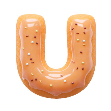 Letter U Donut with Orange Glaze Isolated on Transparent Background