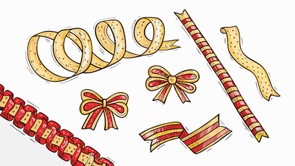 Poster - Illustration of various ribbons and bows in red and yellow colors with black outlines on white background