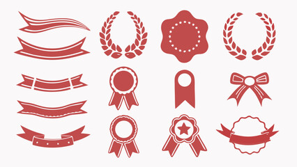 Poster - Collection of red ribbons, laurel wreaths, seals, and a bow on a white background design set