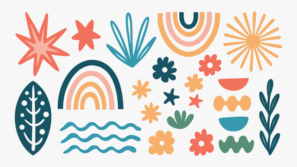 Poster - Illustration of colorful botanical elements including rainbows stars and floral shapes design art