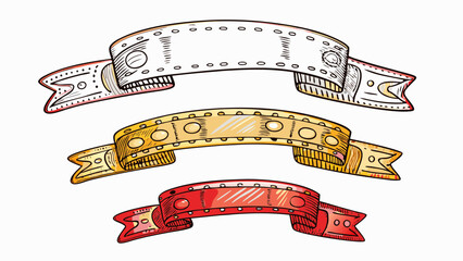 Poster - Illustration of three decorative banners in white, gold, and red with decorative details