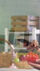 Poster - Animation of financial data processing over caucasian woman shopping in grocery store