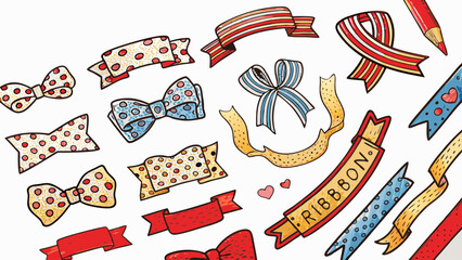 Poster - Collection of hand drawn ribbons bows and banners in various colors and patterns on a white background