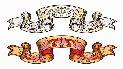 Poster - Two ornate vintage banners with floral decorations and curled edges in different color schemes
