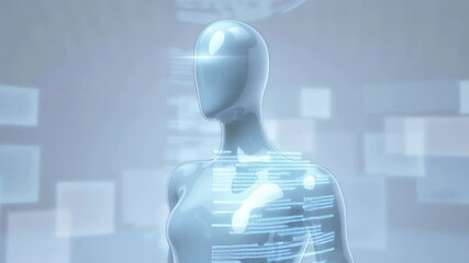 Poster - Animation. Futuristic humanoid figure surrounded by swirling digital lines, representing advanced technology and innovation in a modern, abstract environment with glowing elements and dynamic motion