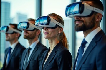 Poster - Business Professionals Immersed in Virtual Reality with Cityscape Reflections