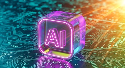 Fototapete - Futuristic ai cube illuminated on circuit board background