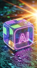 Fototapete - Glowing ai cube on futuristic circuit board background