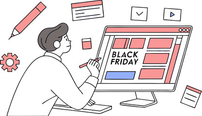 Fototapete - Person using a computer to design and plan for black friday sales and promotions with graphic design elements scattered around